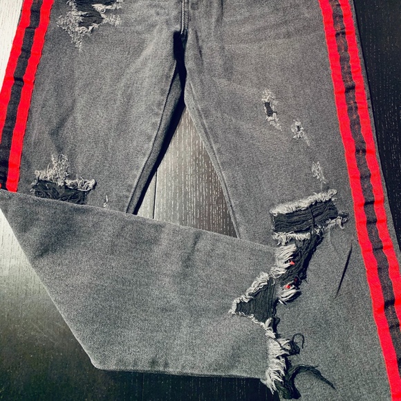 BROOKLYN KARMA Distressed Jeans with Red Stripes - Picture 2 of 2
